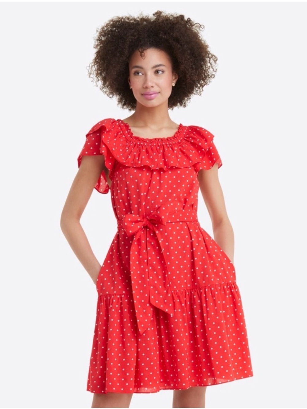 Draper James Red Polka Dot Ruffle Tie-Waist Dress